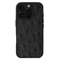 Чохол із чорної шкіри страуса з фолікулами для iPhone 16 Pro Max