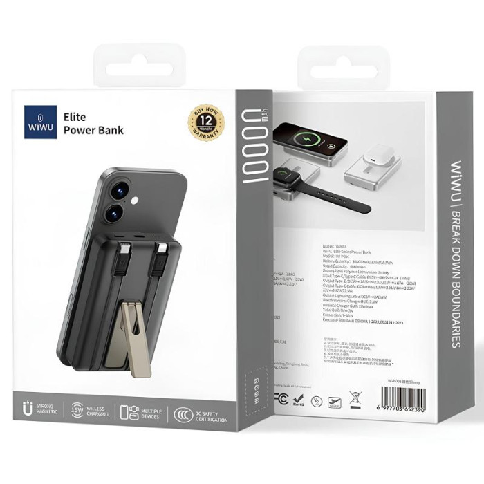 Портативний ЗП Power Bank WIWU Wi-P056 22.5W+PD20W з БЗП+iWatch with cable 10000 mAh Black