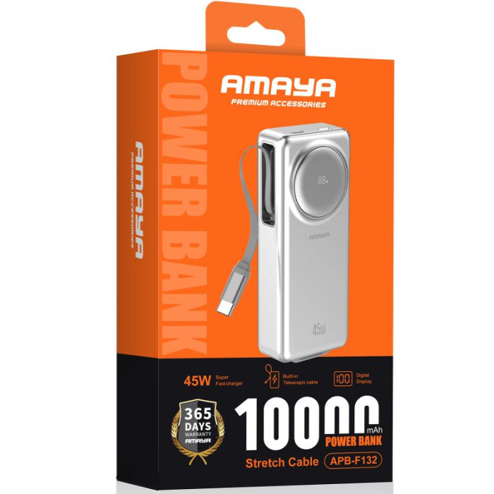 Портативний ЗП Power Bank Amaya F132 45W with display and cable 10000 mAh Silver