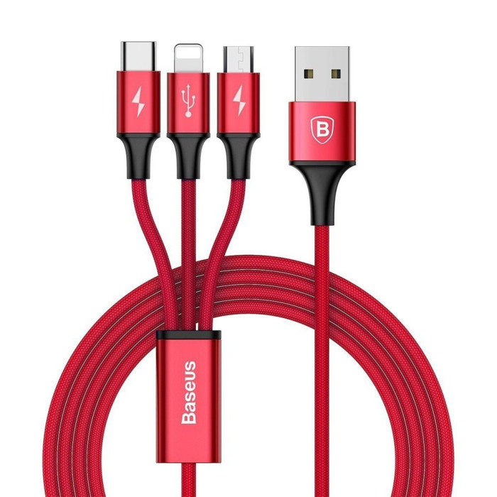 Кабель Baseus Rapid Series 3-in-1 Cable Micro-USB + Lightning +Type-C, 3A, 1.2M червоний