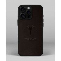 Чохол для iPhone 13 Pro Max із шкіри купон в темно-коричневому кольорі з логотипом Tesla