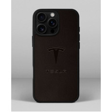 Чохол для iPhone 13 Pro Max із шкіри купон в темно-коричневому кольорі з логотипом Tesla
