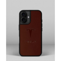 Чохол для iPhone 13 із шкіри купон в рудому кольорі з логотипом Tesla