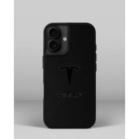 Чохол для iPhone 14 із шкіри купон в чорному кольорі з логотипом Tesla