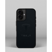 Чохол для iPhone 14 із шкіри купон в темно-синього кольорі з логотипом Tesla