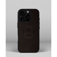 Чохол для iPhone 15 Pro із шкіри купон в темно-коричневому кольорі з логотипом Mercedes