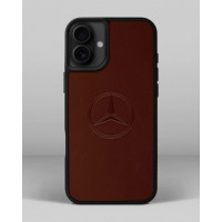 Чохол для iPhone 16 Plus із шкіри купон в рудому кольорі з логотипом Mercedes