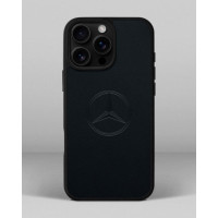 Чохол для iPhone 16 Pro Max із шкіри купон в темно-синього кольорі з логотипом Mercedes