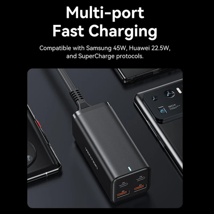 Зарядний пристрій Vention 4-Port USB (C + C + A + A) GaN Charger (100W/100W/18W/18W) EU-Plug Black