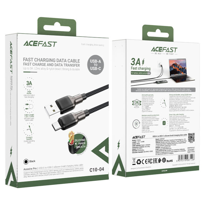 Кабель ACEFAST C10-04 USB на Type-C 3A, 1.2m, silicone, zinc connectors, Чорний