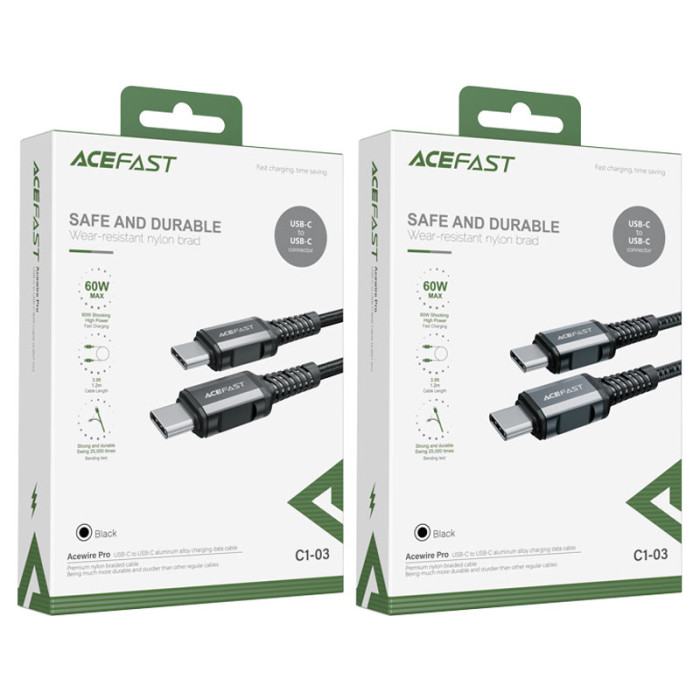 Кабель ACEFAST C1-03 Type-C to Type-C 3A, 1.2m, nylon, aluminum connectors, Black