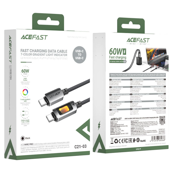 Кабель ACEFAST C21-03, Type-C на Type-C, 60W, 1.2m, Nylon, Aluminum Alloy connectors, Чорний