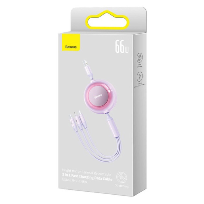 Кабель Baseus Bright Mirror 2 Series Retractable 3-in-1 швидка зарядка  Data Cable USB на M+L+C 66W 1.1m Purple