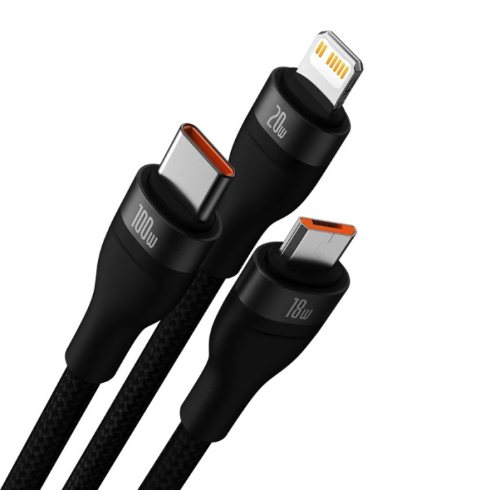 Кабель Baseus Flash Series Ⅱ Two-for-three Charging Cable U+C на M+L+C 100W 1.2m Чорний