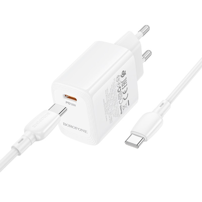 Мережевий зарядний пристрій з кабелем BOROFONE BN28 Fuente single port PD30W charger set (C to C) (EU) White