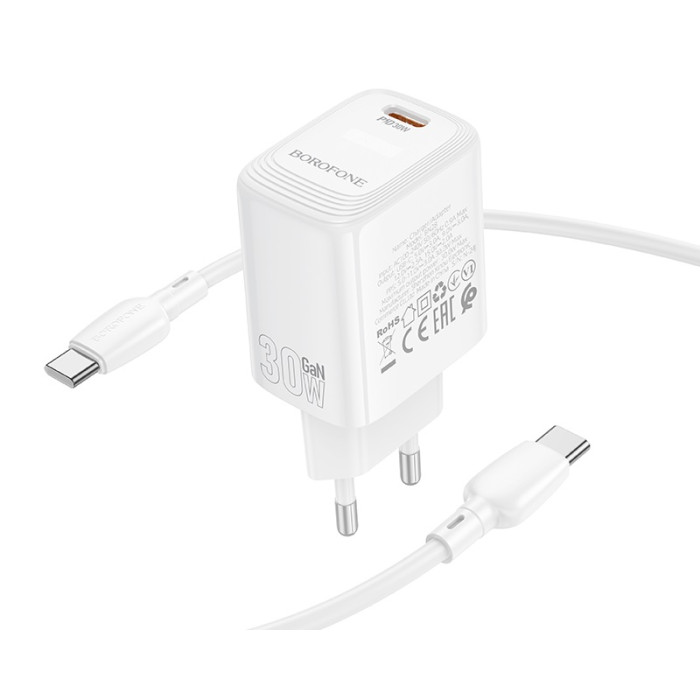 Мережевий зарядний пристрій з кабелем BOROFONE BN28 Fuente single port PD30W charger set (C to C) (EU) White