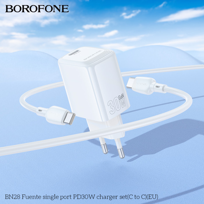 Мережевий зарядний пристрій з кабелем BOROFONE BN28 Fuente single port PD30W charger set (C to C) (EU) White