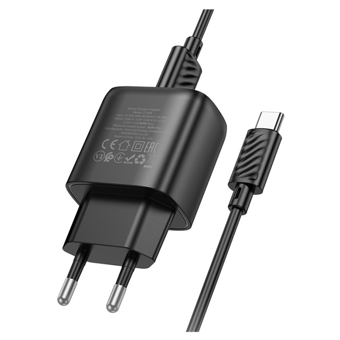 Мережевий зарядний пристрій з кабелем HOCO C140A Smart single port QC3.0 charger set(Type-C)(EU) Black