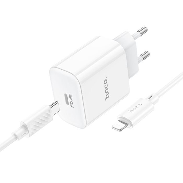 Мережевий зарядний пристрій з кабелем HOCO C76A Pro Majestic single port PD30W charger set (C to iP)(EU) White