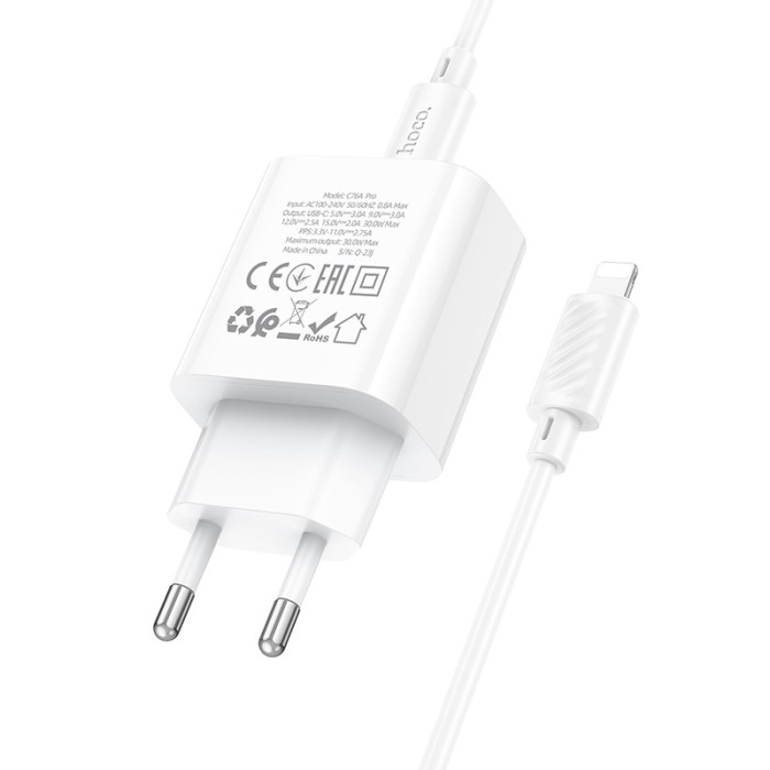 Мережевий зарядний пристрій з кабелем HOCO C76A Pro Majestic single port PD30W charger set (C to iP)(EU) White