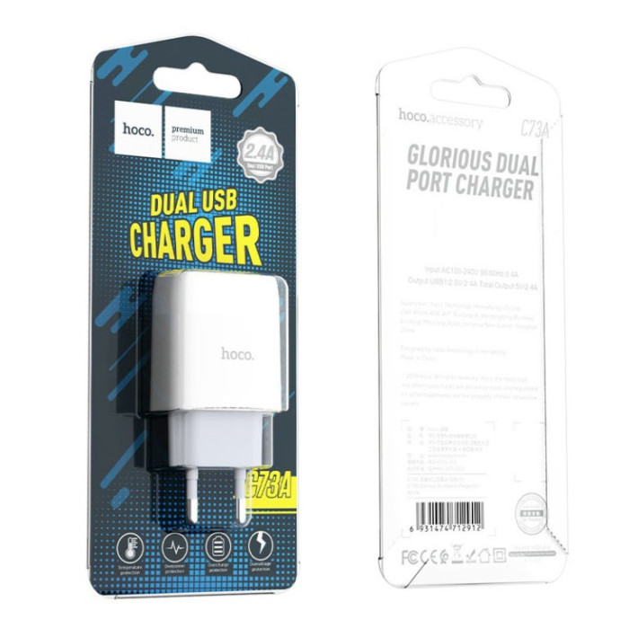 Мережевий зарядний пристрій HOCO C73A Glorious dual port charger 12W White