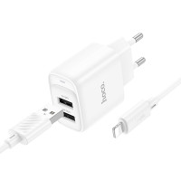 Мережевий зарядний пристрій з кабелем HOCO C141A Smart dual-port charger set(iP) White