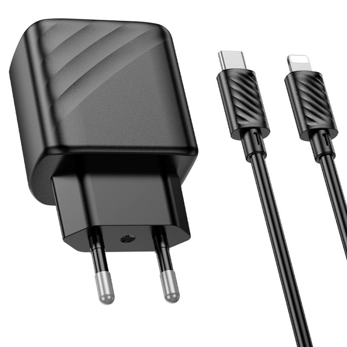 Мережевий зарядний пристрій з кабелем HOCO CS23A Sunlight dual-port PD30W+QC3.0 charger set (C to iP)(EU) Black