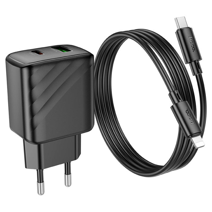 Мережевий зарядний пристрій з кабелем HOCO CS23A Sunlight dual-port PD30W+QC3.0 charger set (C to iP)(EU) Black