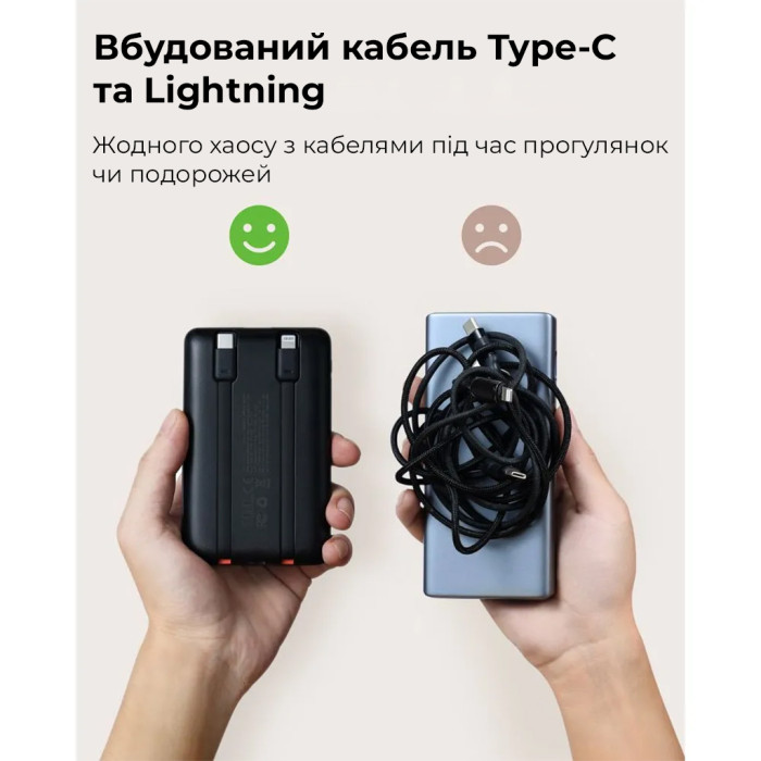 Зовнішній акумулятор VEGER 10000 mAh з built-in cables Type C / Lightning PD QC3.0 2A 22,5W C11 black