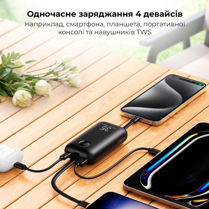 Зовнішній акумулятор VEGER 10000 mAh з built-in cables Type C / Lightning PD QC3.0 35W K1 black