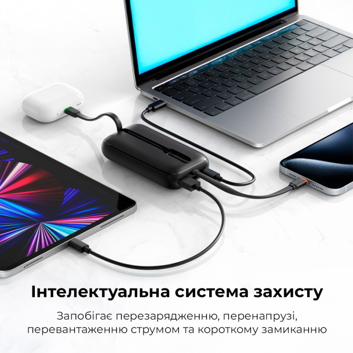 Зовнішній акумулятор VEGER 10000 mAh з built-in cables Type C / Lightning PD QC3.0 35W K1 black
