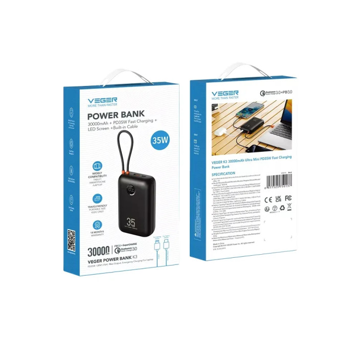 Зовнішній акумулятор VEGER Built-In 2 cables Ultra Mini 30000mAh